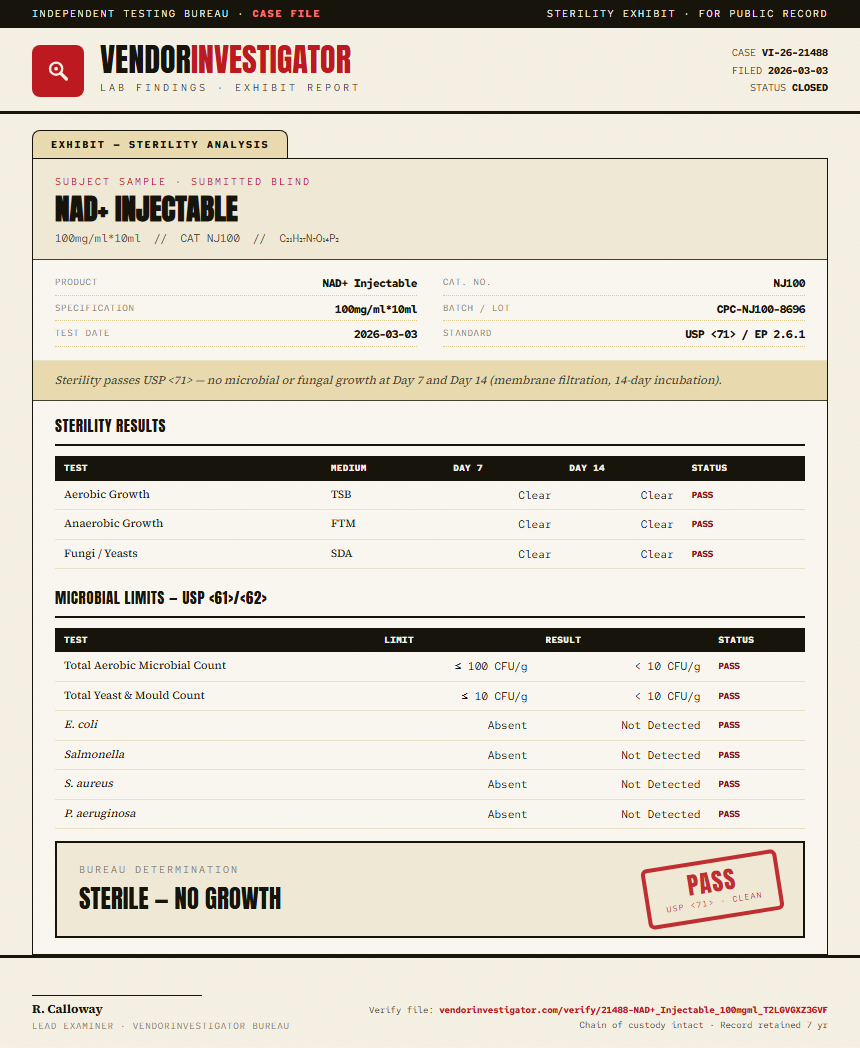 NAD+ Injectable Sterility report by VendorInvestigator