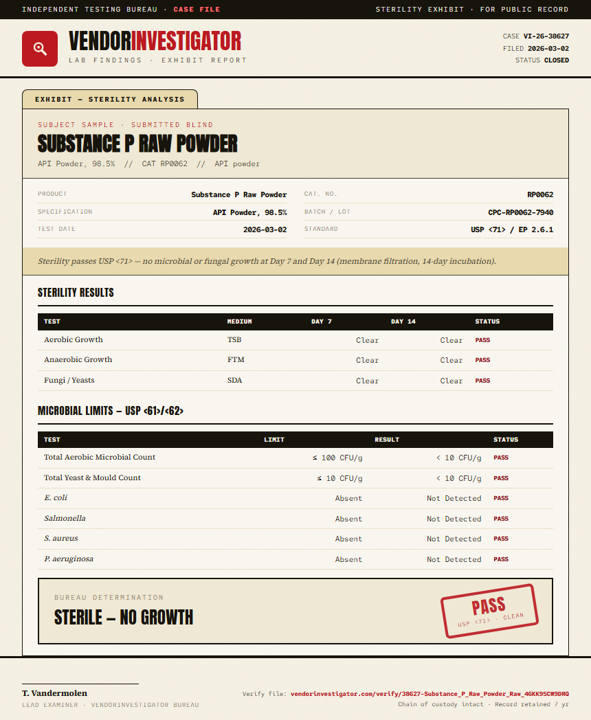 Substance P Raw Powder Sterility report by VendorInvestigator